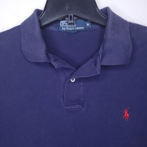 Ralph Lauren Polo Shirt Mens Medium Navy Red Pony Cotton Vintage
